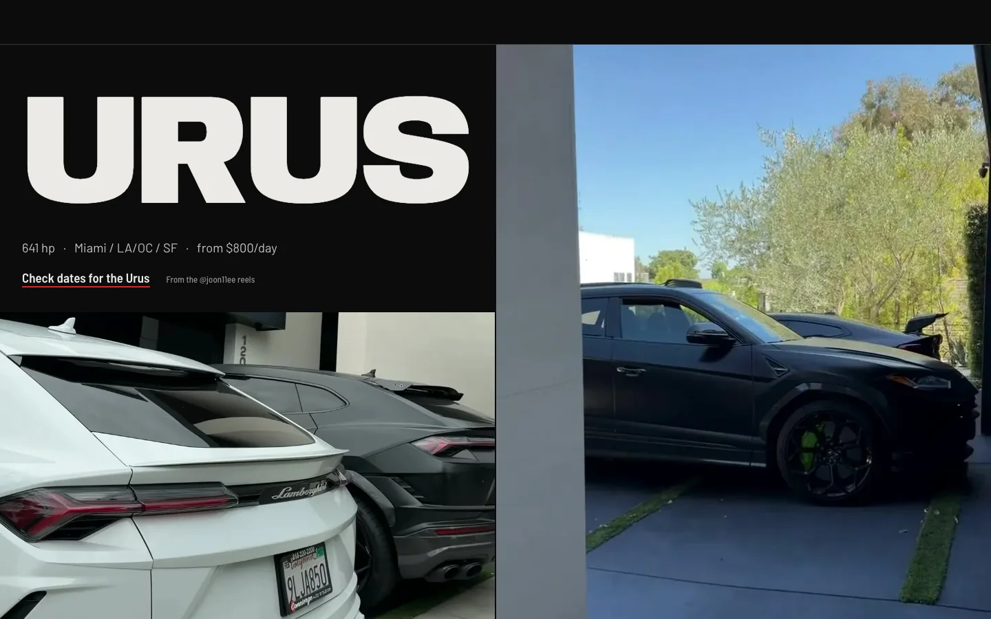 The Urus in the joon11ee redesign: Joon's own reel footage beside its horsepower, cities and day rate