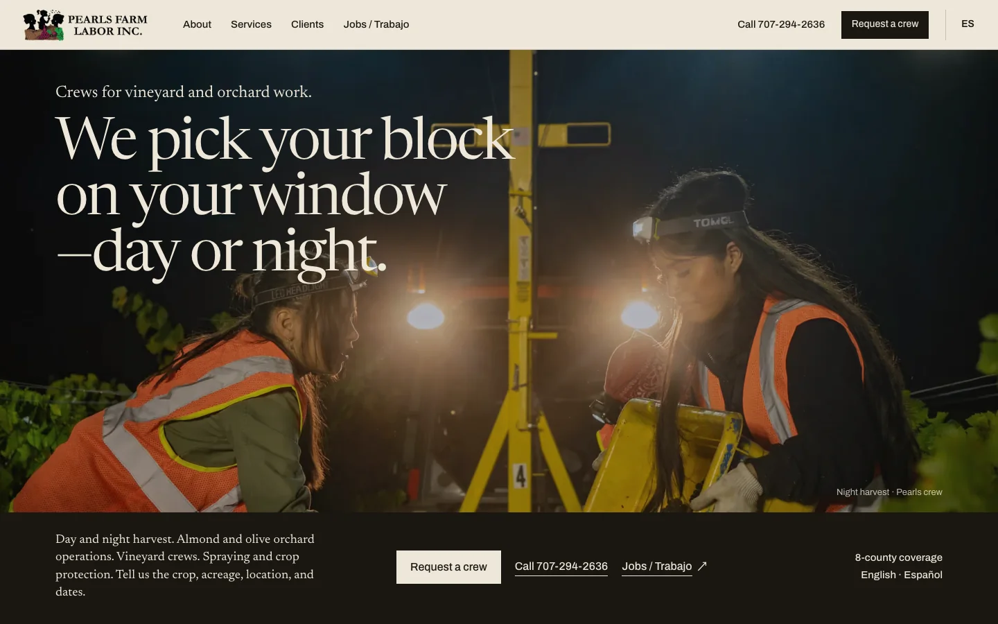 First screen of the Pearls Farm Labor redesign: 'We pick your block on your window—day or night.' over two crew members in headlamps tipping a lug of grapes at night