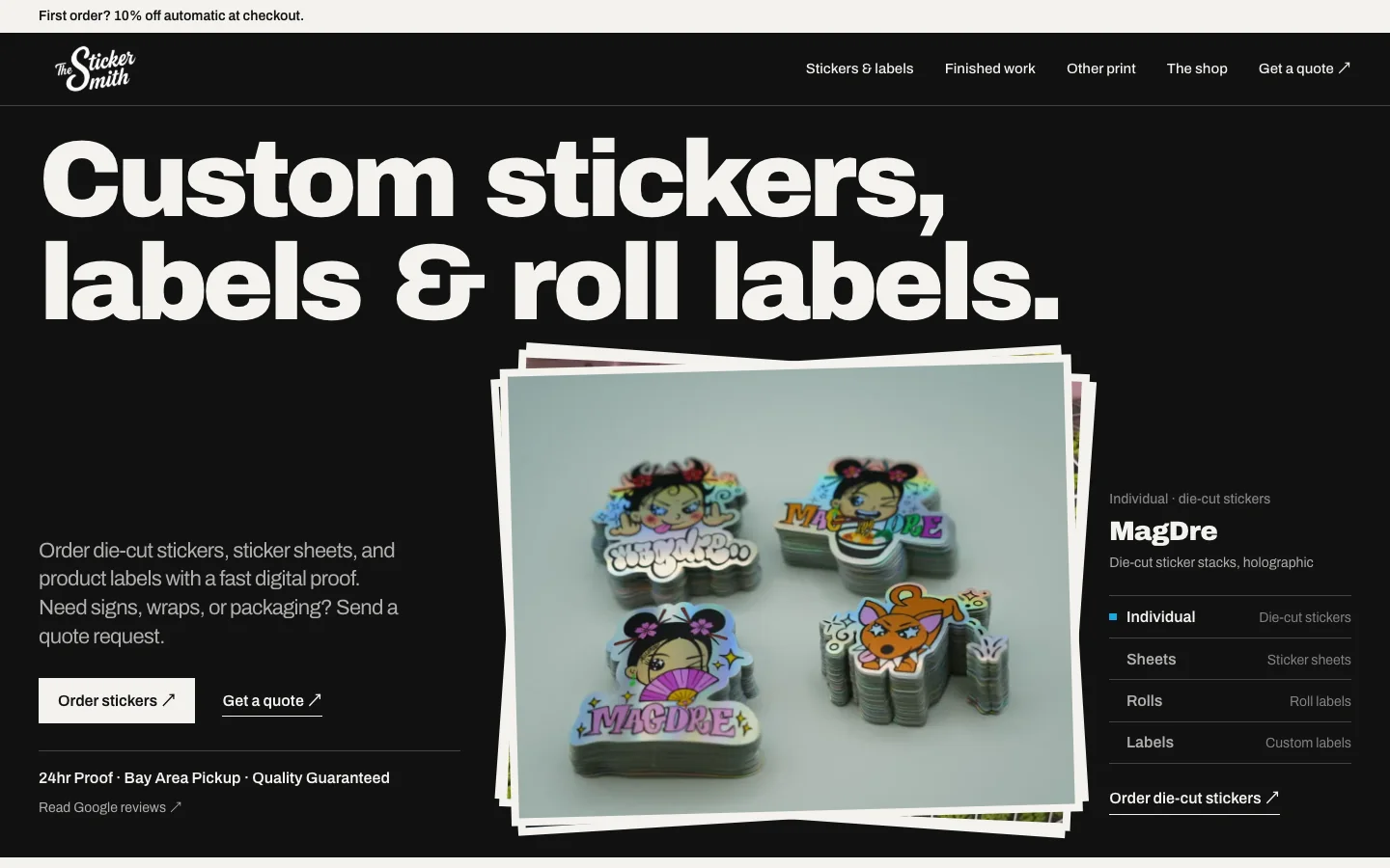 First screen of The Sticker Smith redesign: 'Custom stickers, labels and roll labels.' over a stack of holographic MagDre die-cut stickers