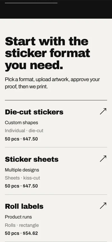 A screen from the The Sticker Smith redesign on a phone